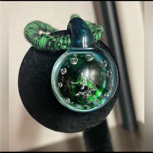 Abstract Green Glass Pendent Necklace Twisted Hemp Cord Metal Free Natural Boho